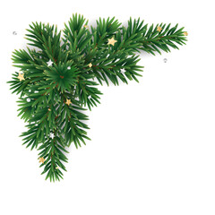 Wall Mural - Christmas tree decoration on transparent background, vector illustration. Holiday fir tree garland, festive Christmas corner. Winter season frame, realistic spruce branch with golden confetti.