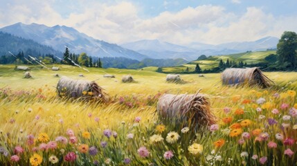 Wall Mural -  a painting of hay bales in a field with wildflowers in the foreground and mountains in the background.