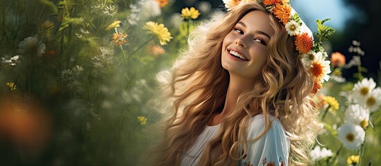 Poster - In the vibrant summer garden, a woman with long flowing hair and a cute smile enjoys the beauty of nature, surrounded by green grass and happy people, showcasing her fashion-forward attire and exuding