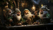 Happy elves having fun at Christmas night, helpers of Santa Claus celebrate at table in winter, funny bearded characters rejoicing. Concept of New Year, snow, illustration, nature, party