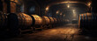 Old wooden barrels in wine cellar, panorama of luxury warehouse of winery. Row of vintage oak casks in dark large storage. Concept of vineyard, viticulture, production, winemaking