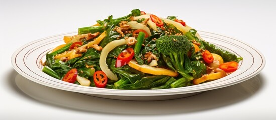 Poster - In the midst of an isolated white background, a plate of vibrant green leafy vegetables arranged in a delightful salad showcases the bounty of nature's autumn harvest, embodying the essence of healthy