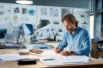 Wall Mural - Mature businessman working at desk on paperwork in office.