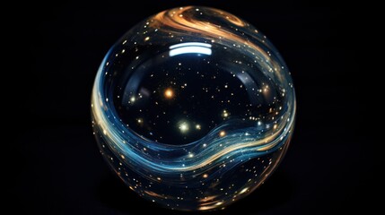 Poster -  a close up of a glass ball on a black surface with stars in the sky in the middle of it.