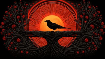 Wall Mural - A crow sits on a tree branch with the sun behind it, AI