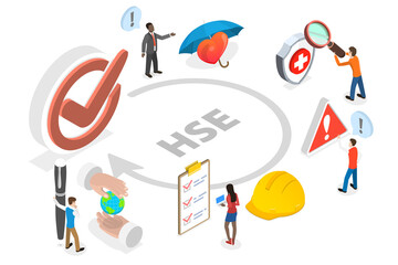 Wall Mural - 3D Isometric Flat  Conceptual Illustration of HSE stands for Health Safety Environment, Company Labor Force Work Protection and Risk Awareness