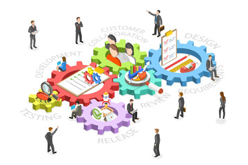 Wall Mural - 3d isometric flat conceptual illustration of agile methodology and life cycle, software development 