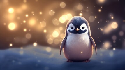 Sticker -  a penguin is standing in the snow with a blurry boke of lights in the background and a blurry boke of snow flecks in the foreground.