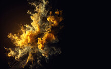 Yellow Smoke And Abstract Yellow Psychedelic Wallpaper Set Against A Black Studio Background. Copy Space For Text, Advertising, Message, Logo