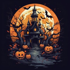 Wall Mural - Stylish Halloween vector t-shirt design white background, jack-o'-lantern, spooky haunted house, bats and a full moon vector art