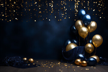 Birthday, new year celebration background. blue and gold balloons celebrate backdrop balloons. AI