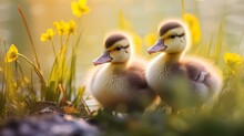 Adorable Twin Ducklings Exploring Nature: A Vibrant Portrait In Photography Generative AI