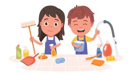 Kids with housekeeping home cleaning equipment. Smiling boy and girl children persons with vacuum cleaner, brush, detergent spray, bucket tools. Household washing supplies flat vector illustration