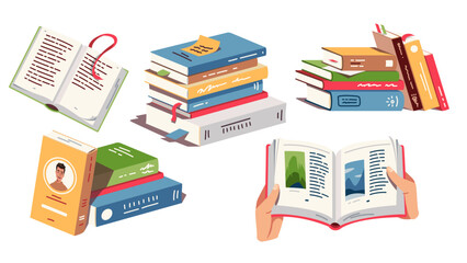 Stacks and open books literature for education set. Hardcover textbooks piles with covers, bookmarks, paper pages with text in hands. School library, knowledge, study, reading flat vector illustration