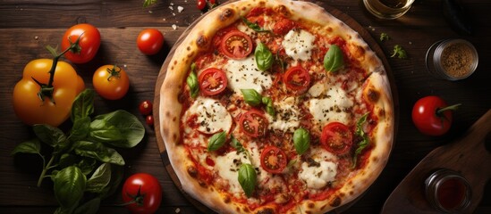 In the top view shot of the rustic wooden table in the white-themed restaurant kitchen, a delicious pizza with melted cheese, red tomatoes, and a variety of colorful vegetables is displayed