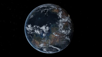 Wall Mural - Terran exoplanet for human life. Habitable planet isolated on a black space background. 3D illustration concept with water and greenery, space exploration discovery of exoplanets and search for life.