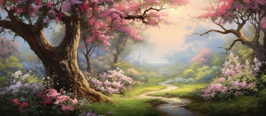 Wall Mural - in the vibrant garden of nature, a floral design blooms with the colors of summer; the tree's lush g