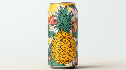 Sticker - A can of pineapple juice with a tropical design, AI