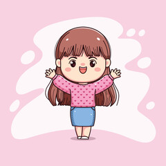 Wall Mural - cute girl long hair with pink sweater feeling happy hands up chibi