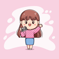 Wall Mural - cute photographer girl long hair with pink sweater holding camera chibi kawaii