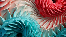 A Colorful Abstract Pattern With A Pink, Blue And Green Color, In The Style Of Surreal 3d Landscapes, Sculptural Paper Constructions, Light Red And Turquoise, Spiral Group, Focus Stacking, Geometric