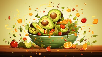 Sticker - A bowl of avocado and other fruits on a table, AI