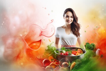 Wall Mural - Beautiful positive girl prepares a delicious, healthy dish