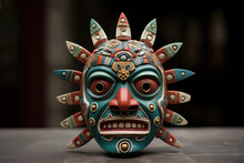 Aztec Traditional, Ceremonial Mask On Dark Background. Warrior Mask. Tribal Totem. Aztec-inspired Mask Showcasing Intricate Detailing And Craftsmanship. Traditions And Customs Of Ancient Aztecs