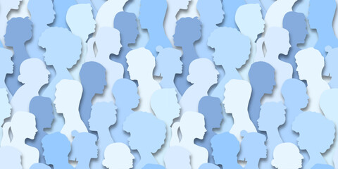 Paper cut people crowd seamless pattern. Diverse 3D papercut community, big cultural diversity group background illustration in realistic cutout style. Origami social team wallpaper texture.