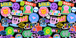 © Dedraw Studio - Funny smiling happy face colorful sticker label seamless pattern. Retro 90s smile icon tag background texture. Trendy sign wallpaper.