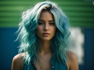 Wall Mural - Portrait of a cool female model with bleached, blue and green colored hair against blue background