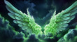 fluffy curly green neon clouds backdrop. small white angel wings in the center - AI Generative