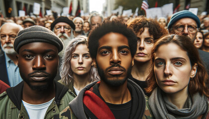  Close-up portrait of a group of activists standing in a crowd