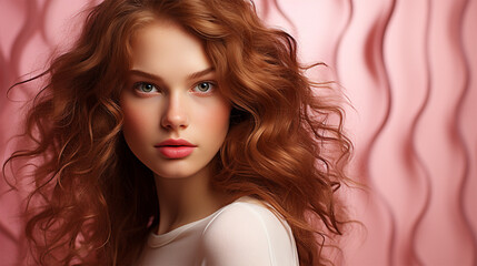 Wall Mural - Portrait of a young red-haired woman with wavy long hair, with delicate makeup on a pink textured background. .Beauty salon advertising. Hair care cosmetics, face and body skin care. 