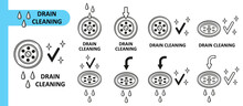 Sink Drain Hole Cleaning, Water Sewage Plumbing Pipe, Clean Clogged Sewer Line Icon Set. Liquid Chemical Cleaner For Sewerage Pipeline In Kitchen, Bathroom. Wash Bath Or Shower Drainage Tube. Vector