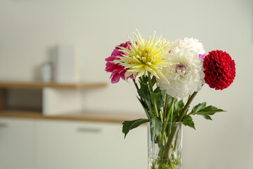 Canvas Print - Bouquet of beautiful Dahlia flowers in vase at home. Space for text