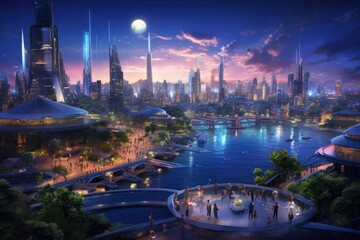 Wall Mural - Evening view of a futuristic city from a terrace, with people enjoying the scenery