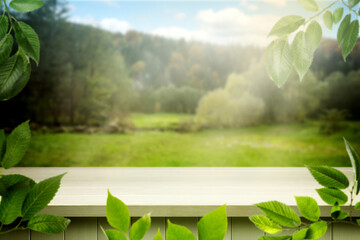 Wall Mural - Empty wooden table in mountains on sunny day. Space for design