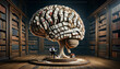 Illustration poster art of a man reading a book in a library, next to a sculpture of a brain made of books