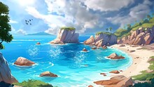 Summer View Of The Coastline With White Sand And Clear Turquoise Water. Seamless Looping Time-lapse Virtual Video Animation Background. Generated Al