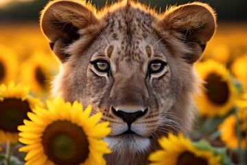 Wall Mural - a lion with sunflowers in the background