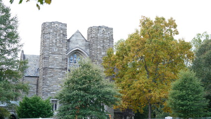 The old church buildings view with the tower and old designation 