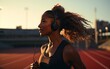 Fit African American girl with headphones jogging at the stadium. AI