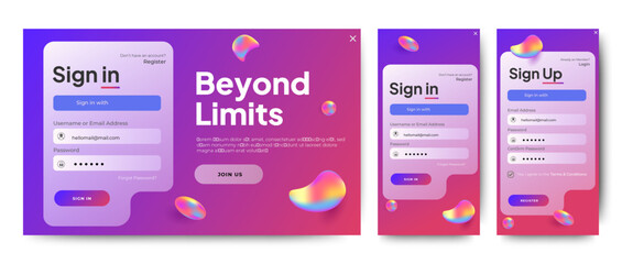 Registration and login forms page ui template. Set of Sign Up and Sign In forms Professional web design, full set of elements. User-friendly design materials.