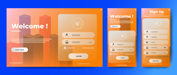 Wall Mural - registration and login forms page ui template design. orange background forms for website and mobile