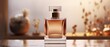 Elegant perfume bottle on marble surface with golden light. Luxury product branding.