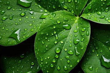 Wall Mural - Nature elegance. Vibrant green plant with raindrops providing detailed macro view of dew covered leaves in refreshing and organic outdoor setting