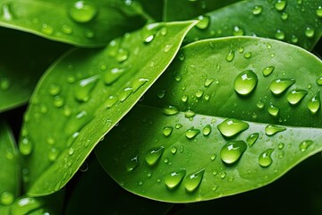 Wall Mural - Nature elegance. Vibrant green plant with raindrops providing detailed macro view of dew covered leaves in refreshing and organic outdoor setting