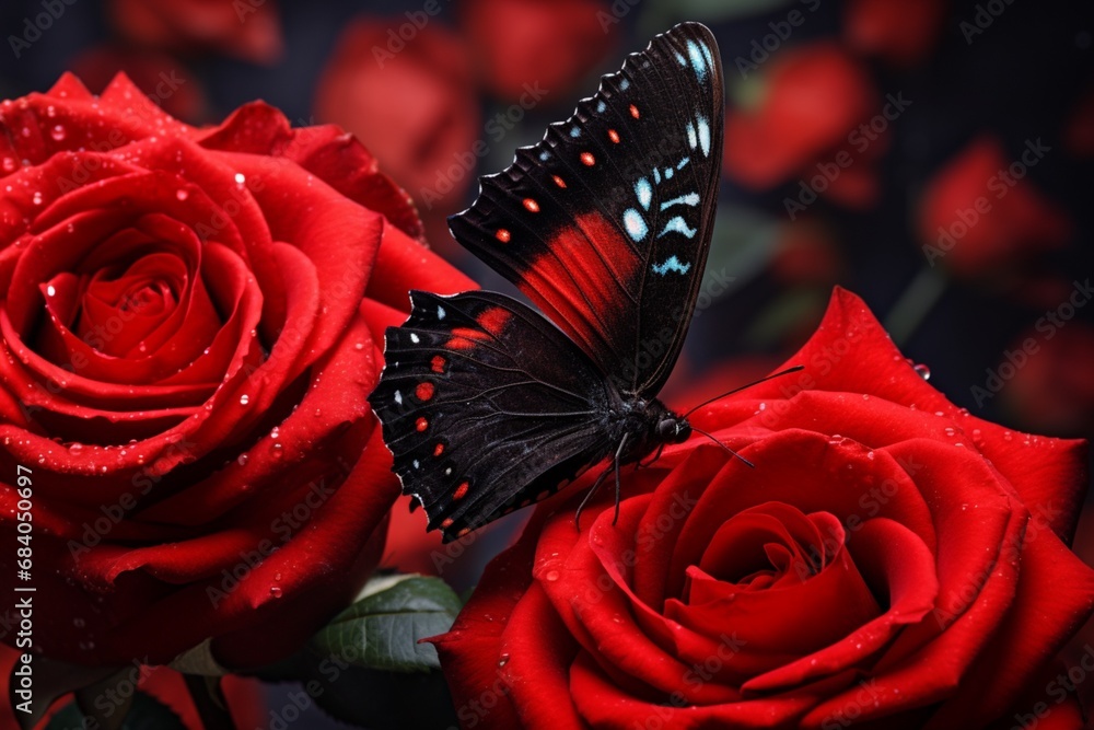 red roses and butterfly with dew drops, close up Stock Photo | Adobe Stock