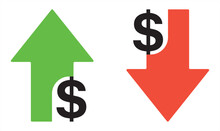 Dollar Increase And Decrease Icon. Cost Reduction Icon Price Lower Arrow. Colorful Cost Reduction Signs.  Financial Benefit Concept. Vector Illustration